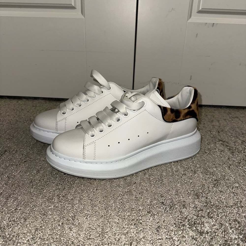 Alexander McQueen White Sneakers with Leopard Heel Accent